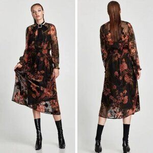 Zara Velvet Floral Sheer Midi Dress Sheer Flowy Boho Black